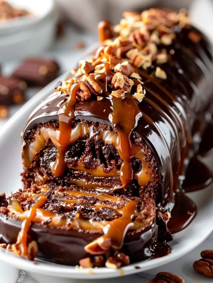 Gooey chocolate hazelnut caramel cake roll on a white plate