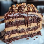 Delicious gooey chocolate peanut butter cake with creamy frosting