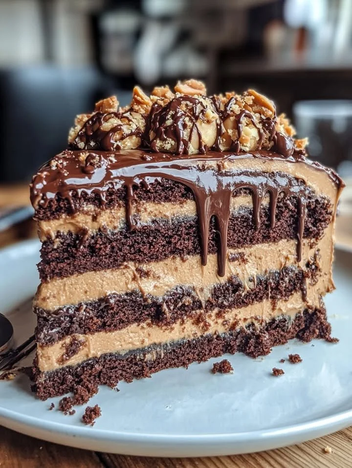 Delicious gooey chocolate peanut butter cake with creamy frosting