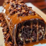 Gooey chocolate raspberry turtle cake roll with chocolate, raspberries, and caramel