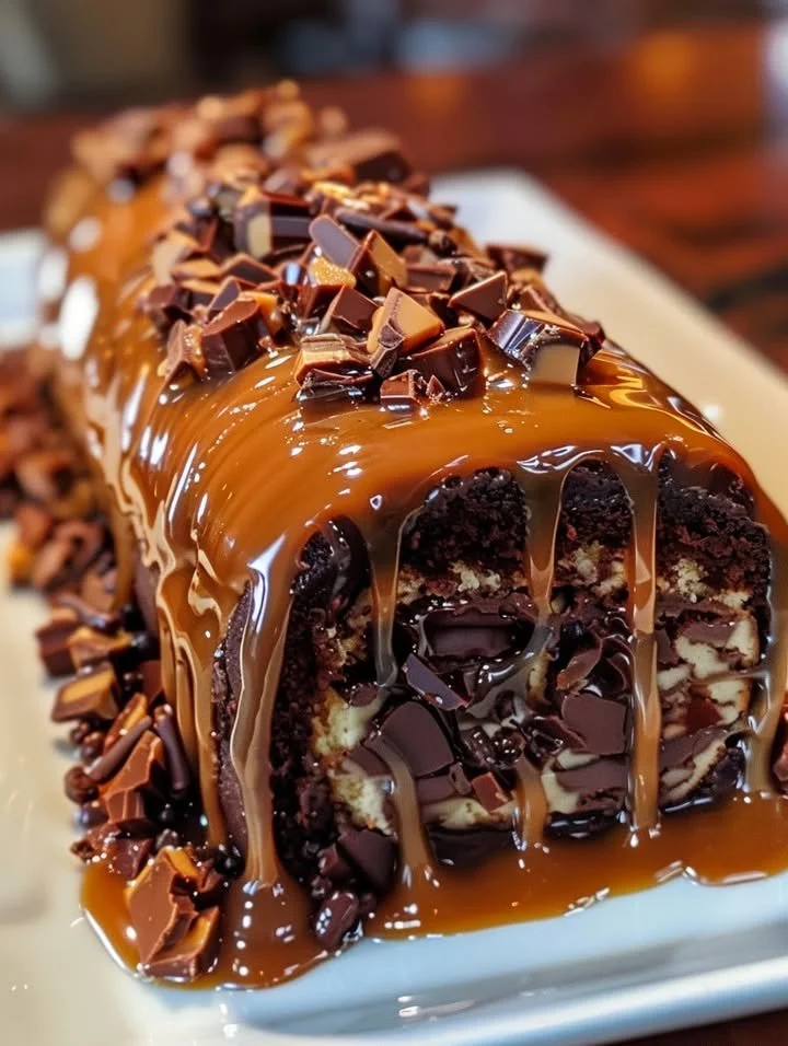 Gooey chocolate raspberry turtle cake roll with chocolate, raspberries, and caramel