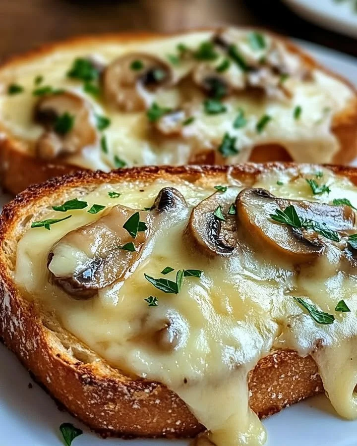 Gourmet cheesy mushroom and garlic toasts on a rustic wooden platter.