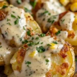 Gourmet smashed potatoes served with creamy herb sauce on a white plate