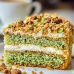 Delicious pistachio almond coffee cake topped with almonds and green pistachios.