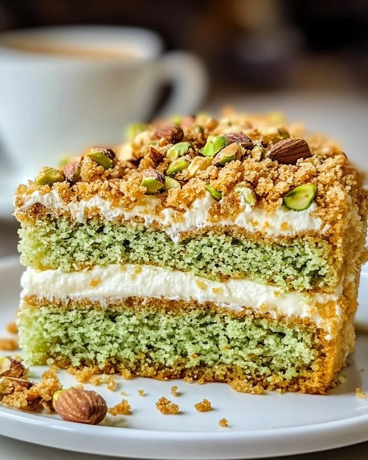 Delicious pistachio almond coffee cake topped with almonds and green pistachios.