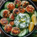 Greek Chicken Meatballs served with homemade Tzatziki Sauce on a plate