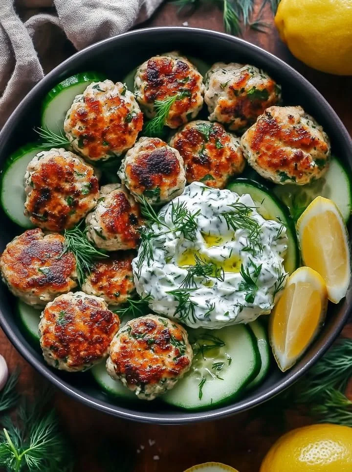 Greek Chicken Meatballs served with homemade Tzatziki Sauce on a plate