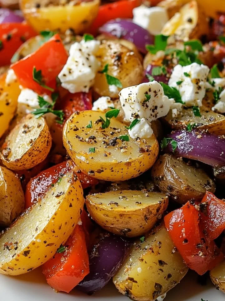 Delicious Greek roasted potatoes with peppers and feta cheese.