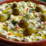 Green olive and feta cheese dip served with fresh vegetables