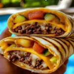 Delicious grilled cheeseburger wraps served on a plate with fresh toppings.
