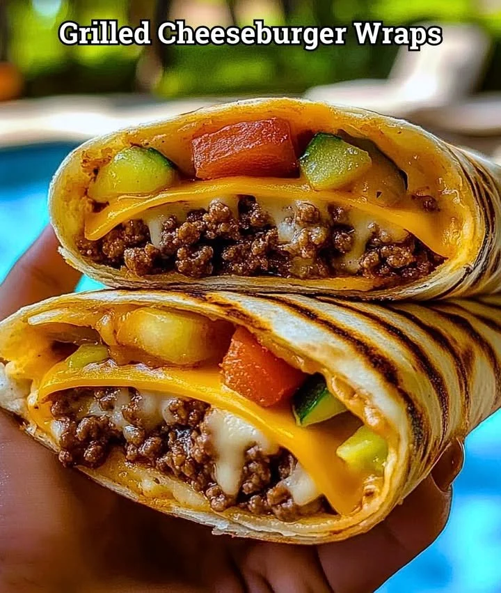 Delicious grilled cheeseburger wraps served on a plate with fresh toppings.