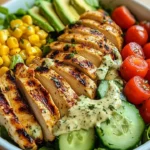 Grilled Chicken and Avocado Salad Bowl filled with fresh, healthy ingredients