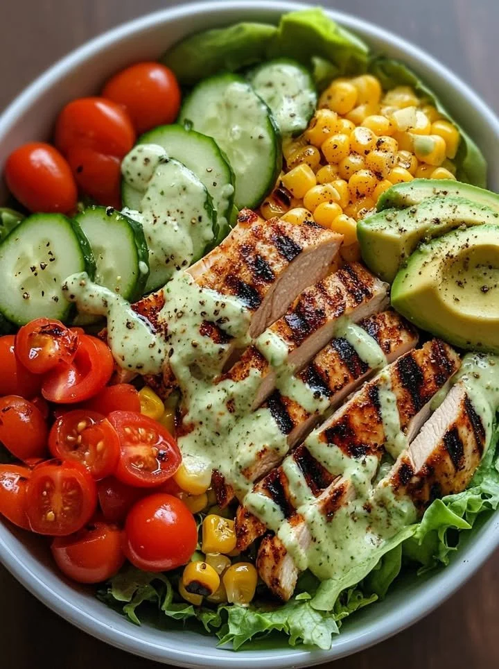 Grilled Chicken Avocado Salad Bowl featuring fresh greens and vibrant toppings