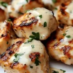 Grilled chicken bites served with creamy garlic sauce on a plate