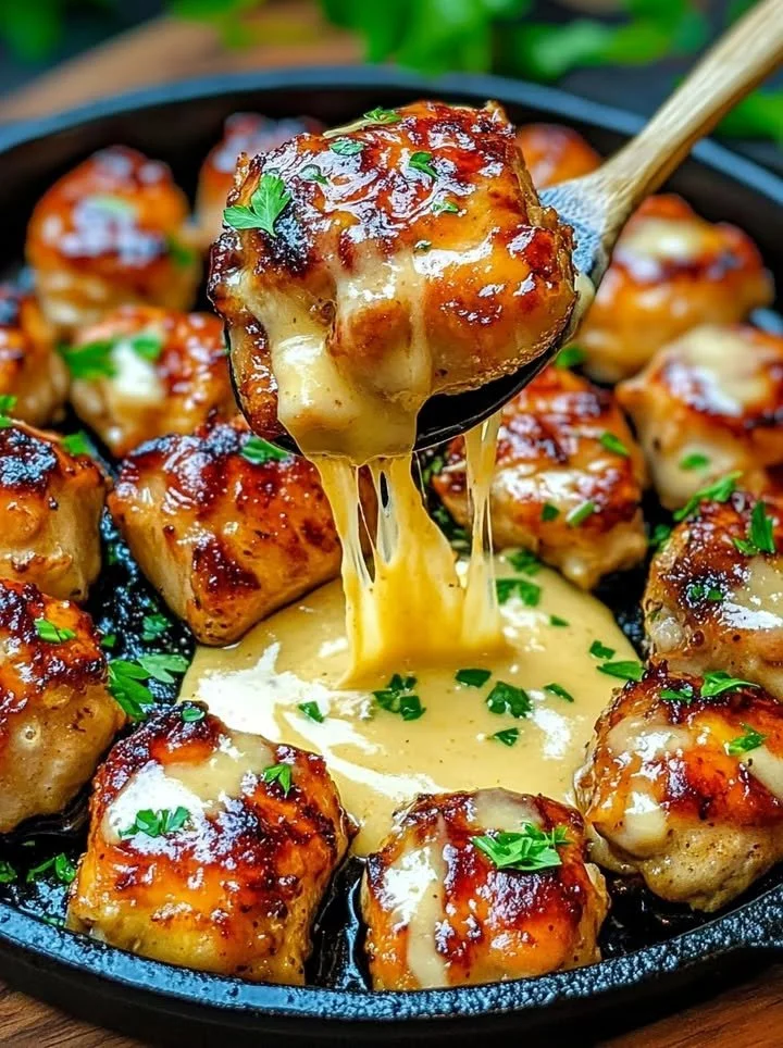 Grilled chicken bites served with creamy garlic sauce on a platter