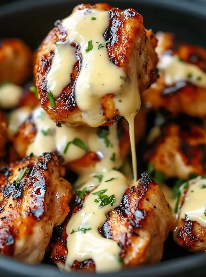 Grilled chicken bites drizzled with creamy garlic sauce on a plate