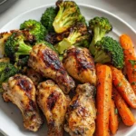 Delicious grilled chicken wings served with roasted broccoli and carrots.