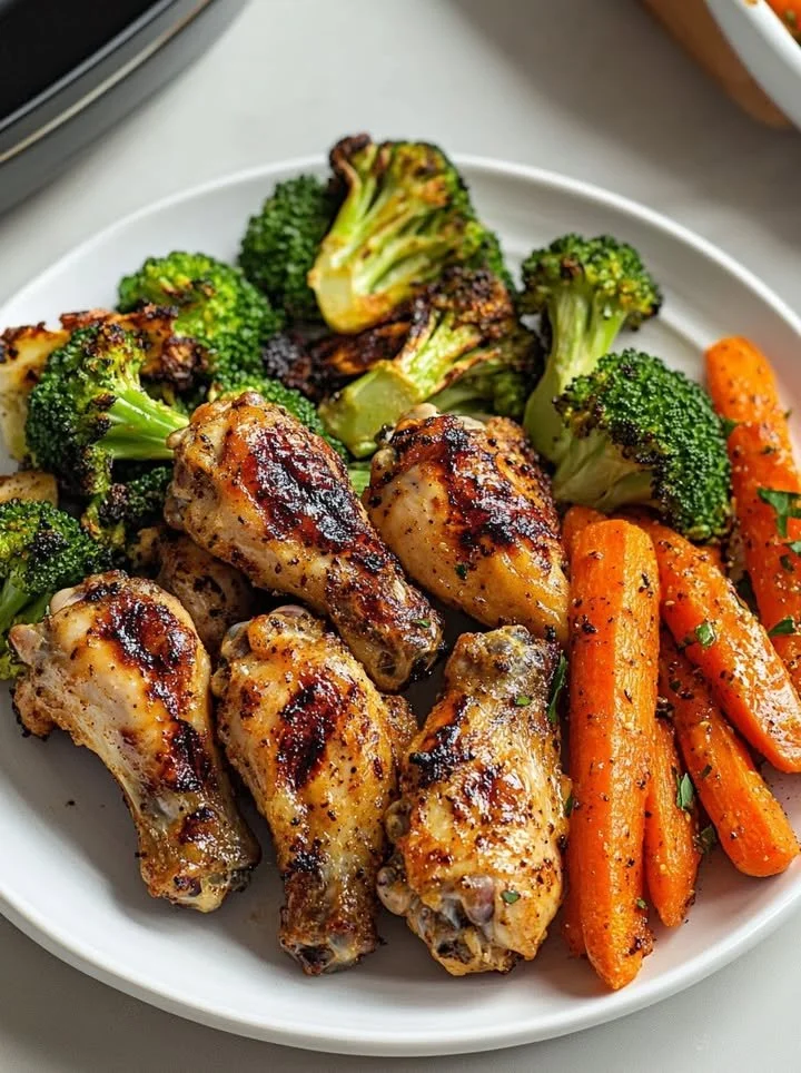 Delicious grilled chicken wings served with roasted broccoli and carrots.