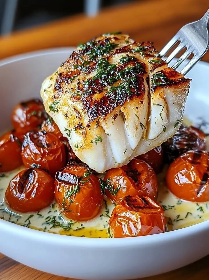 Grilled cod served with roasted tomatoes and creamy dill sauce on a plate