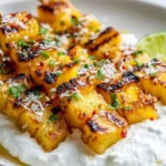 Grilled pineapple skewers with chili-lime glaze and coconut yogurt dip