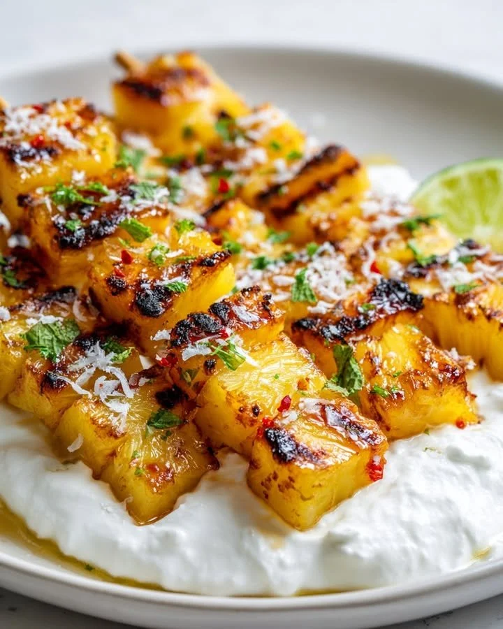 Grilled pineapple skewers with chili-lime glaze and coconut yogurt dip