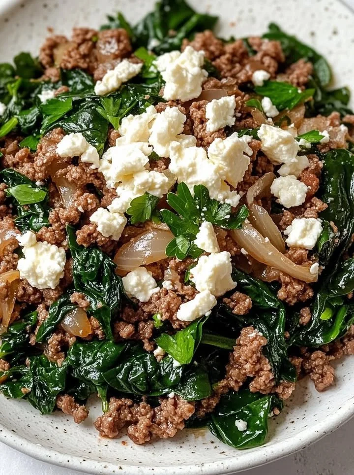 Ground Beef Skillet with Spinach and Feta for a quick and nutritious meal