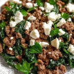 Ground beef and spinach skillet with feta served in a cast-iron pan