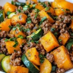 Ground Beef Zucchini Sweet Potato Skillet in a skillet pan