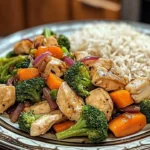 Healthy chicken stir-fry with vegetables and rice served in a bowl.
