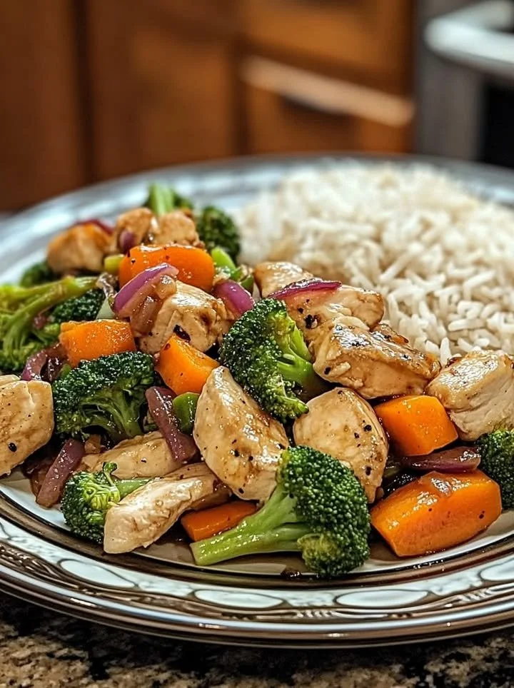 Healthy chicken stir-fry with vegetables and rice served in a bowl.