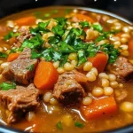 Delicious bowl of hearty beef and barley soup with vegetables