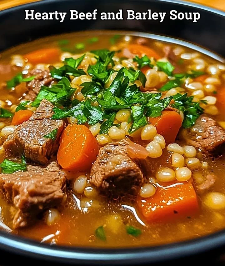 Delicious bowl of hearty beef and barley soup with vegetables