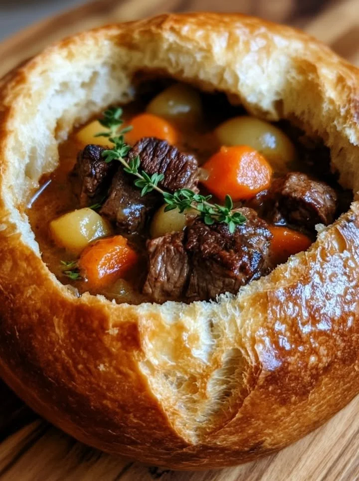 Hearty beef stew in bread bowls, a comforting and delicious meal.