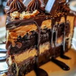 Decadent chocolate peanut butter ooey gooey cake with creamy frosting