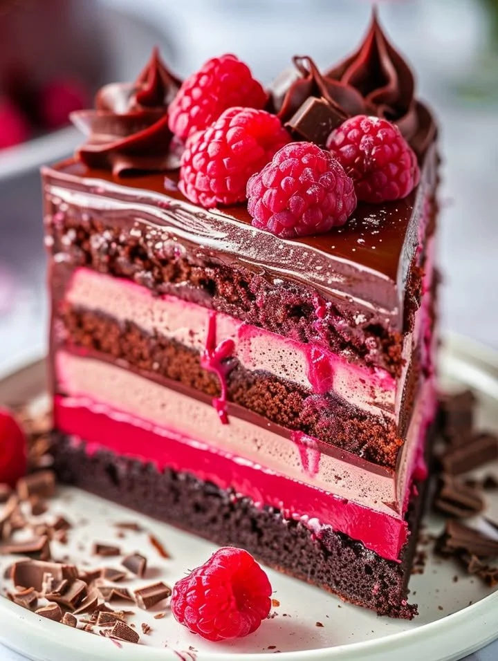 Heavenly Raspberry Chocolate Mousse Cake with fresh raspberries and chocolate topping