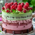Heavenly Raspberry Chocolate Mousse Cake with fresh raspberries and chocolate