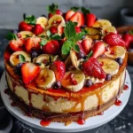 Heavenly Strawberry Banana Bliss Cheesecake topped with fresh strawberries and bananas