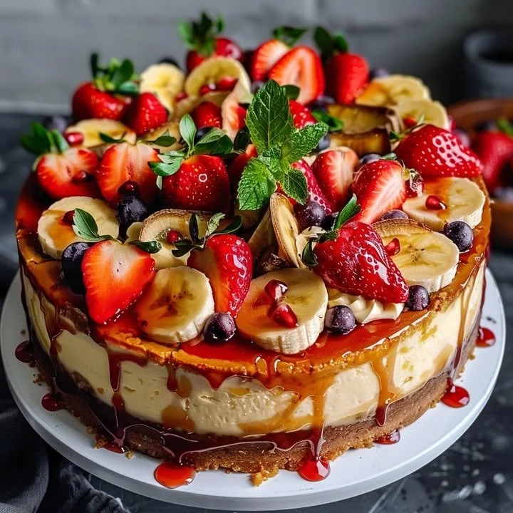 Heavenly Strawberry Banana Bliss Cheesecake topped with fresh strawberries and bananas