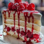 Heavenly White Chocolate Raspberry Cake adorned with fresh raspberries and white chocolate shavings