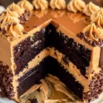 Delicious homemade chocolate peanut butter cake topped with creamy frosting