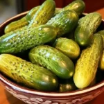 Homemade Claussen pickles in a jar, showcasing their crunchy texture and vibrant colors.