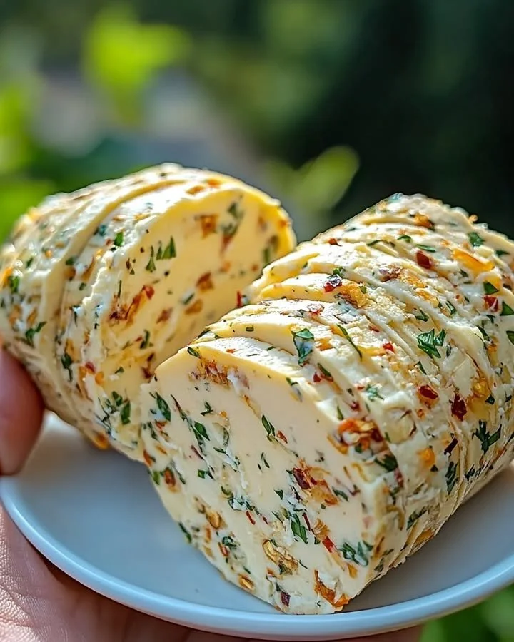 Homemade flavored butter on a wooden cutting board with herbs and spices