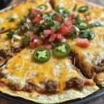 Homemade Mexican pizza topped with fresh ingredients and spices