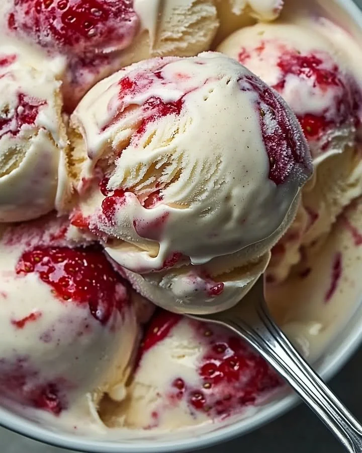 Bowl of homemade strawberry vanilla bean ice cream topped with fresh strawberries