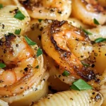 Honey Garlic Shrimp Pasta Shells Bake served on a plate with herbs
