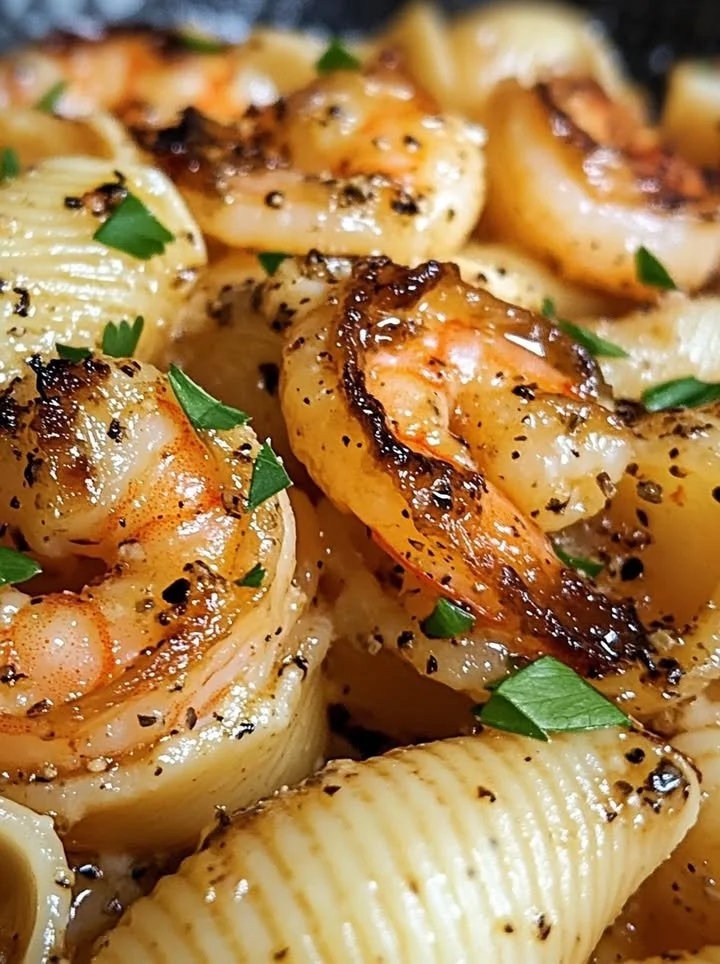 Honey Garlic Shrimp Pasta Shells Bake served on a plate with herbs