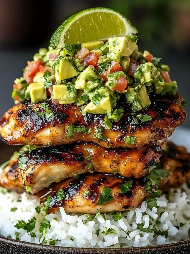 Honey Lime Chicken served over avocado rice stack for a nutritious meal