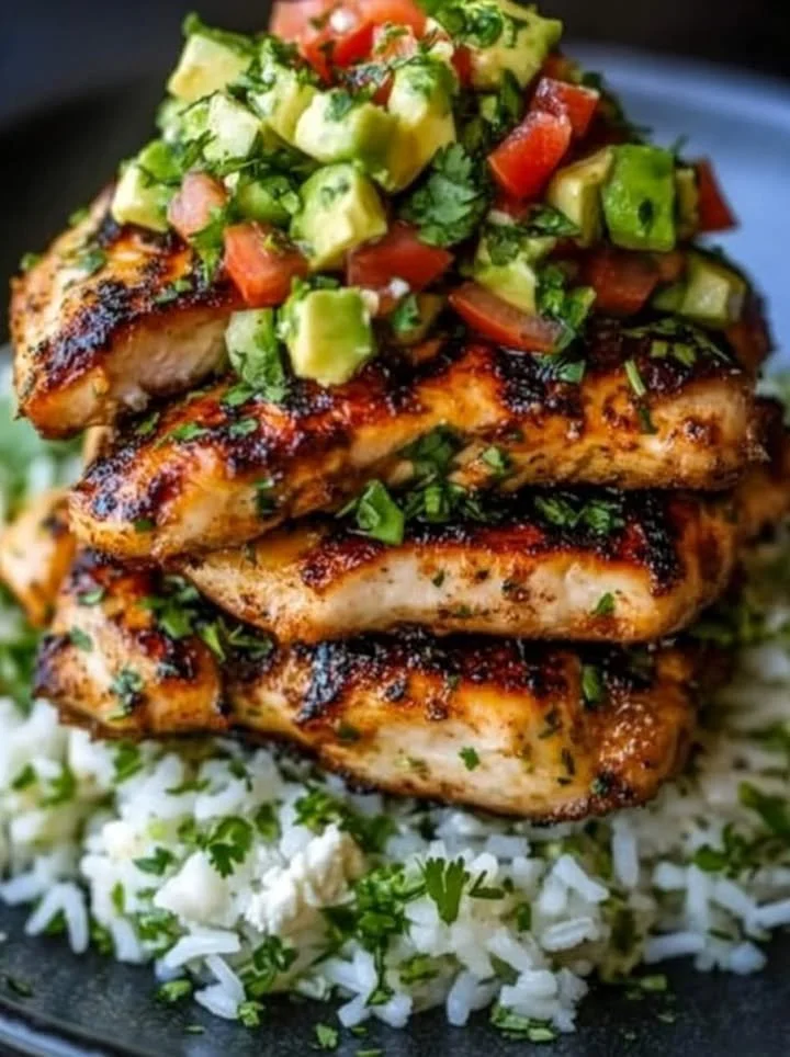 Honey Lime Chicken atop Avocado Rice Stack garnished with fresh ingredients