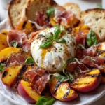 Hot Honey and Peach Burrata Platter with Crispy Prosciutto presentation