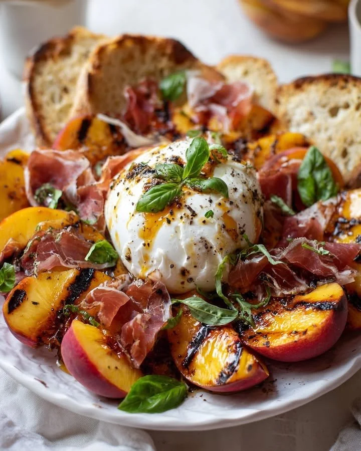 Hot Honey and Peach Burrata Platter with Crispy Prosciutto presentation